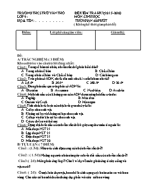 Đề kiểm tra học kì I Sinh học lớp 9 - Năm học 2015-2016 - Trường THCS Trừ Văn Thố